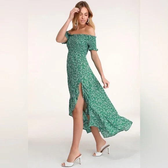 slim fit dress slacks Green Floral Off Shoulder Smocked Maxi Dress – PinkBlush main image 1